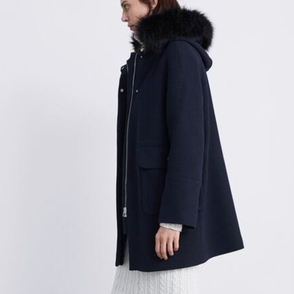 ZARA NAVY BLUE WOOL BLEND DETACHABLE FAUX FUR HOOD COAT WITH POCKETS $129 - Picture 5 of 14